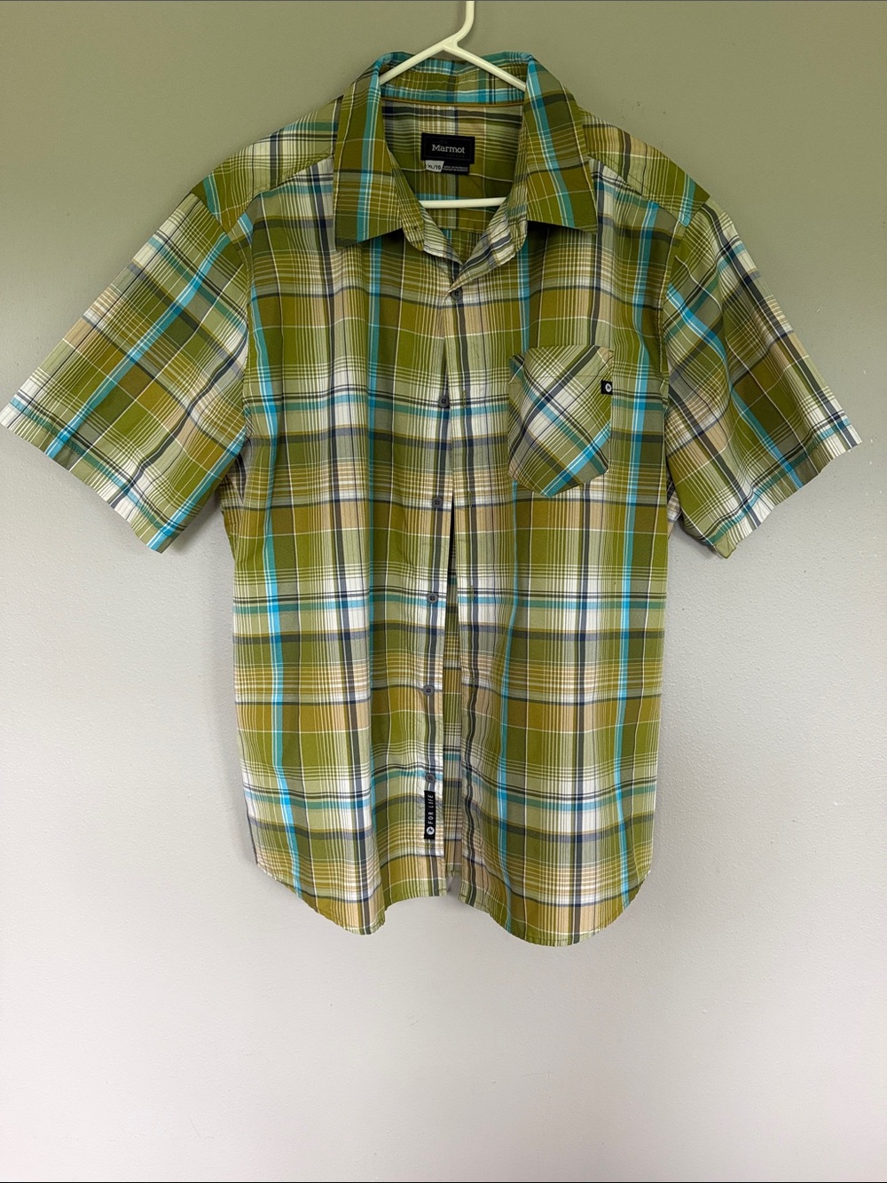 Marmot Short-Sleeve Plaid Button-Down Shirt in Olive and Teal